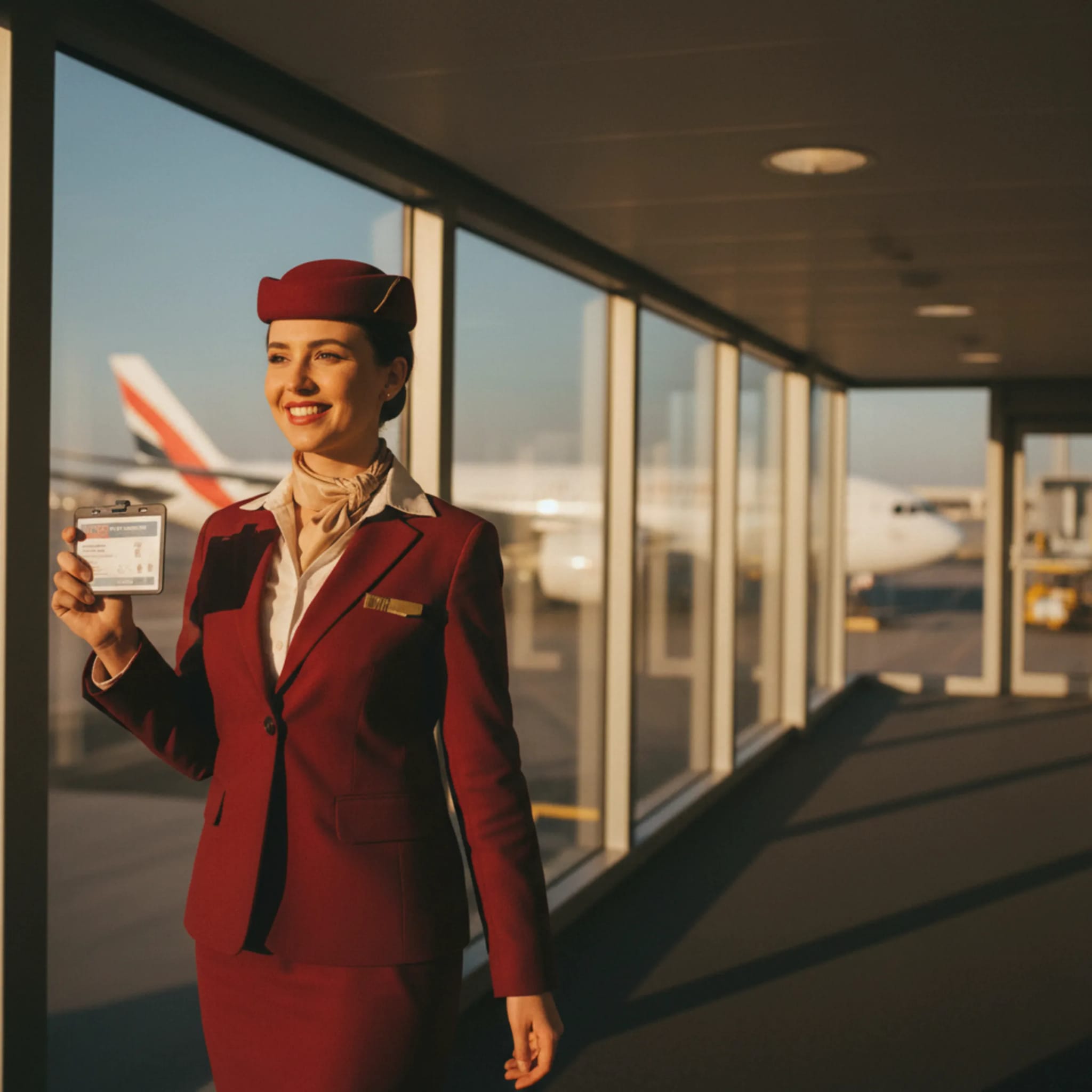 A cabin crew graduate walking confidently down a sunlit jetway with a parked widebody jet visible through the windows