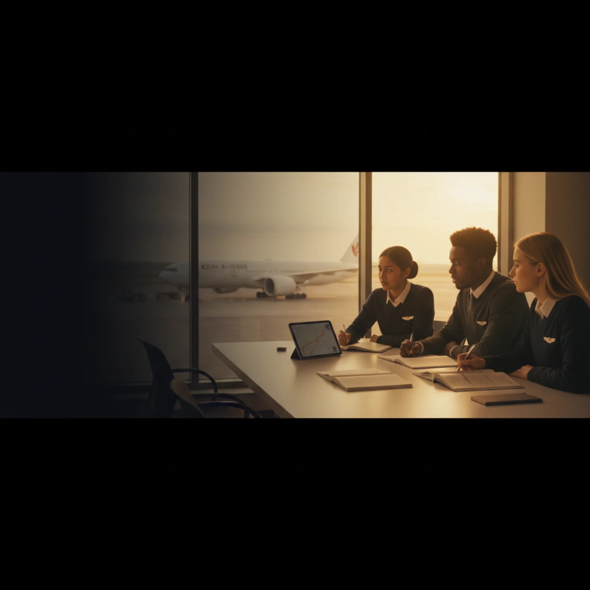 A small group of cabin crew students learning together at a sunlit training-room table with a parked Boeing 777 visible through the window
