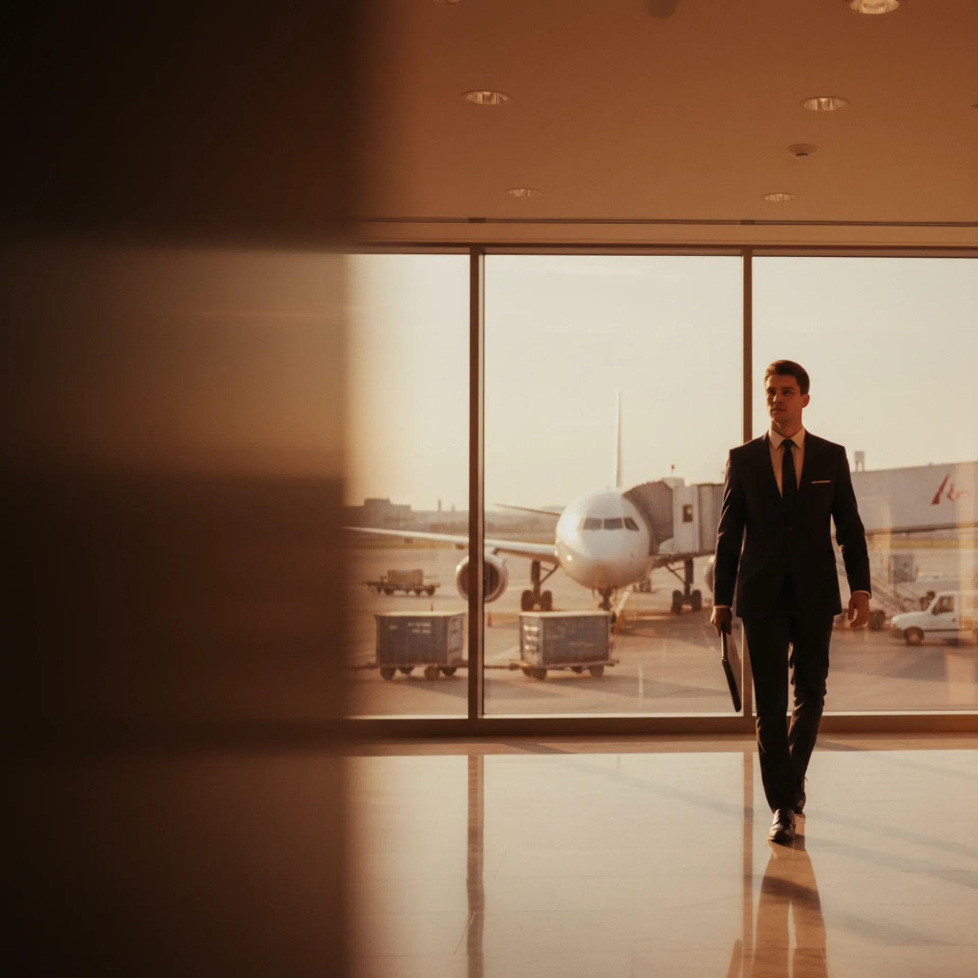 An aviation professional in a sunlit airline corporate lobby — a warm, helpful brand signal