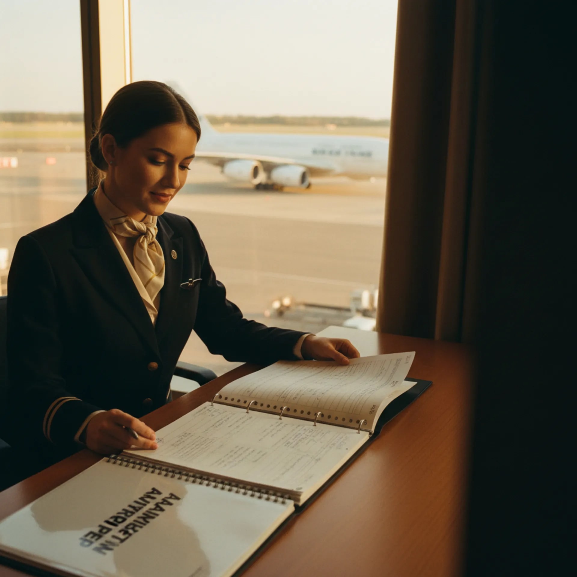 A cabin crew member in uniform reviewing her CV portfolio at a desk with a parked airliner visible through the window behind her