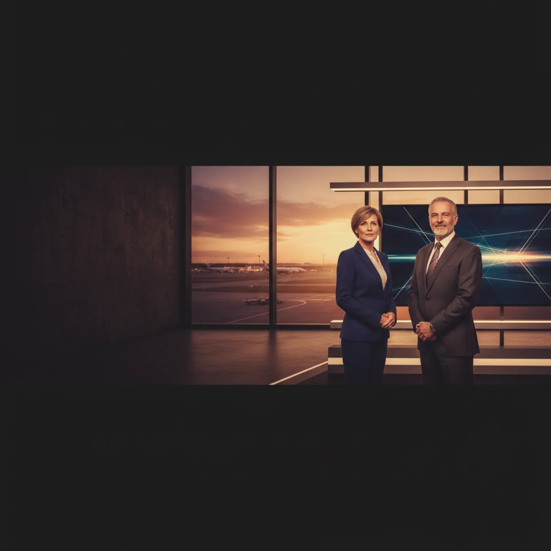 Two senior airline recruiters in business attire on a broadcast presentation set with an airport runway glowing through a window at sunset